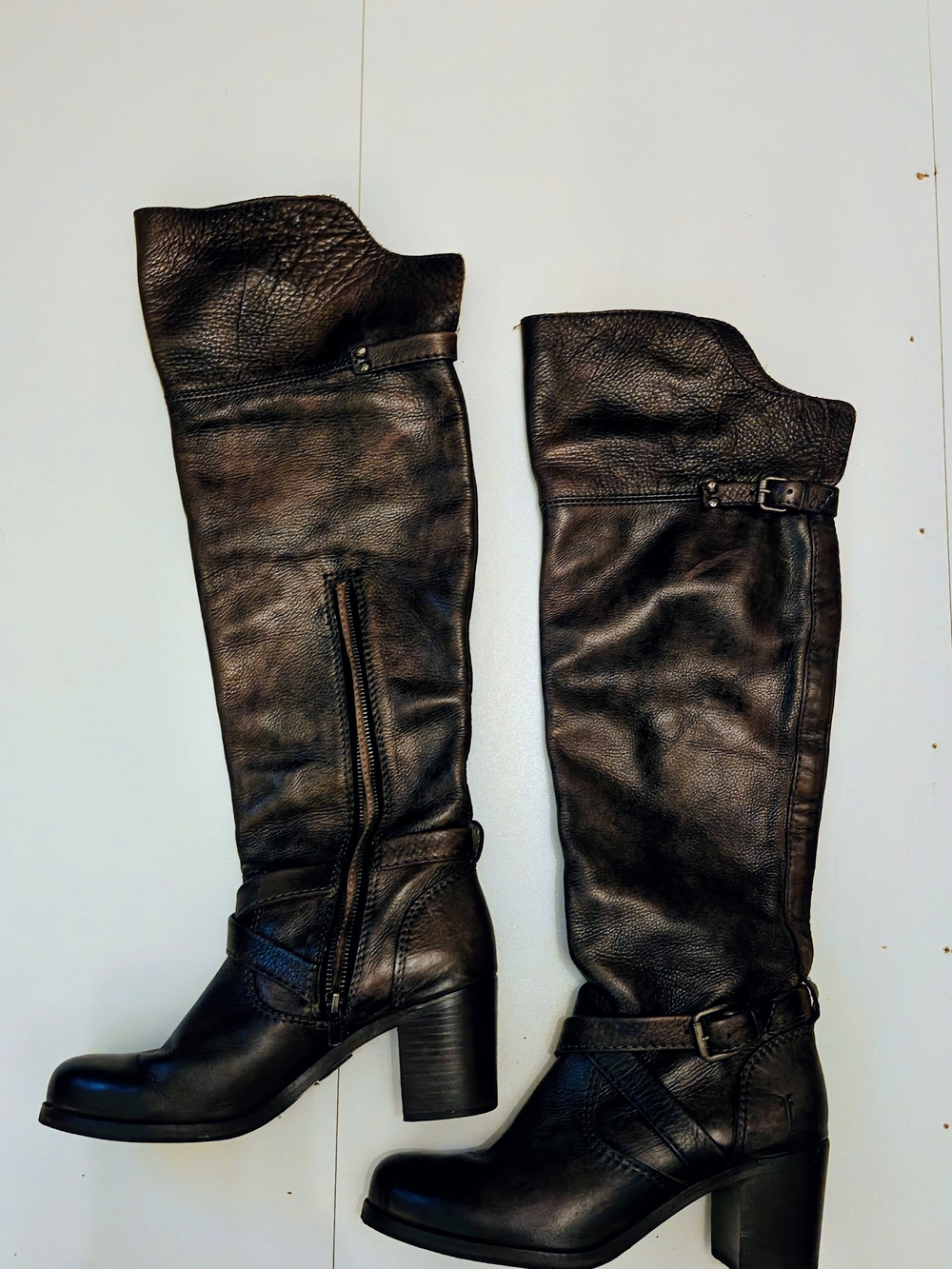 Frye Tall Riding Boots Brown Leather Knee High Moto Boots Size 9.5